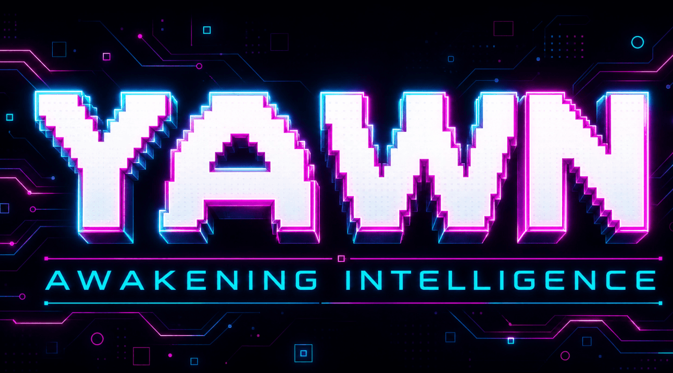 YAWN Awakening Intelligence pixel wordmark surrounded by cyan and magenta cognitive circuitry